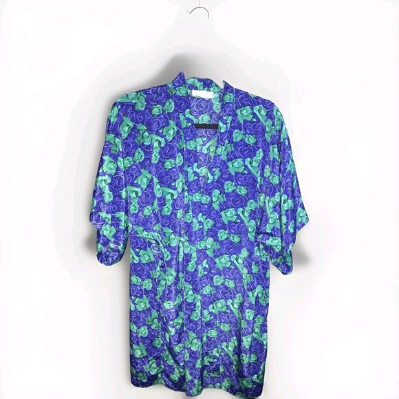 Lilly Of France Sleepwear Vintage Blue & Green Roses Satin Robe‎ Medium Women's - Picture 1 of 11